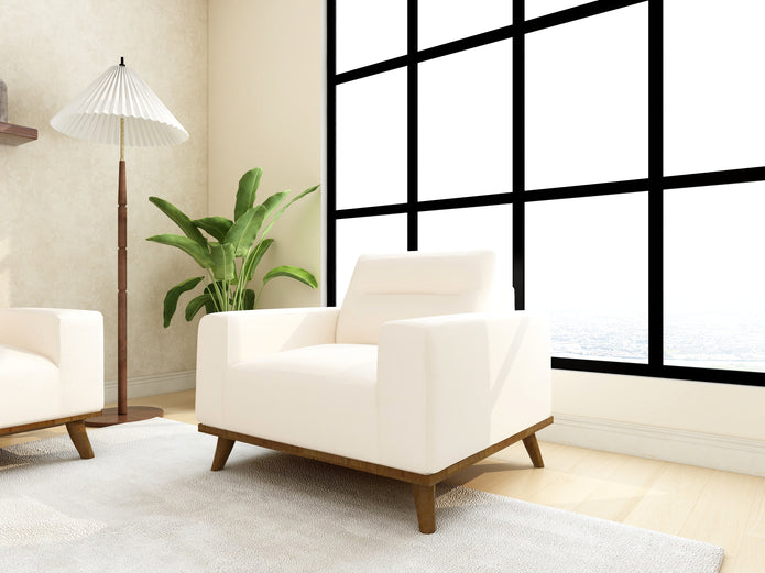 The Haven Chair in Beige - Plush Armchair with Modern Wooden Base