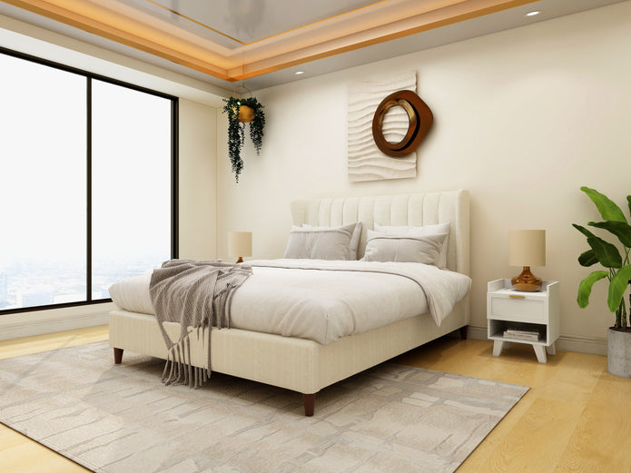 Serra Bed in Off White - Upholstered Wingback Headboard with Wooden Legs