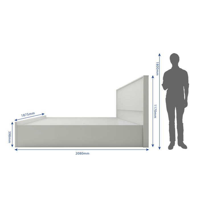 Side view of King size Volare Bed with dimensions, showcasing premium fabric and box storage design.