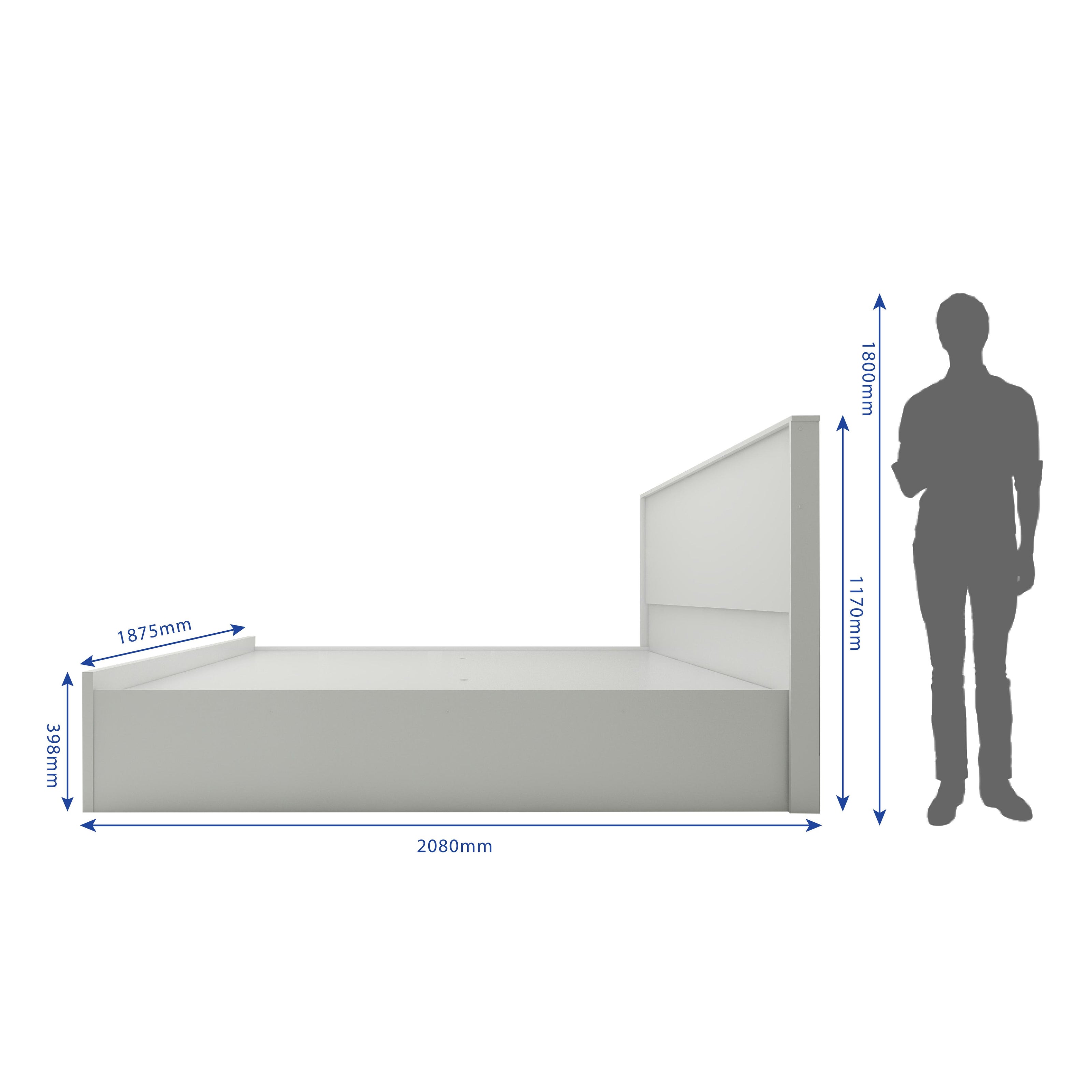 Side view of King size Volare Bed with dimensions, showcasing premium fabric and box storage design.