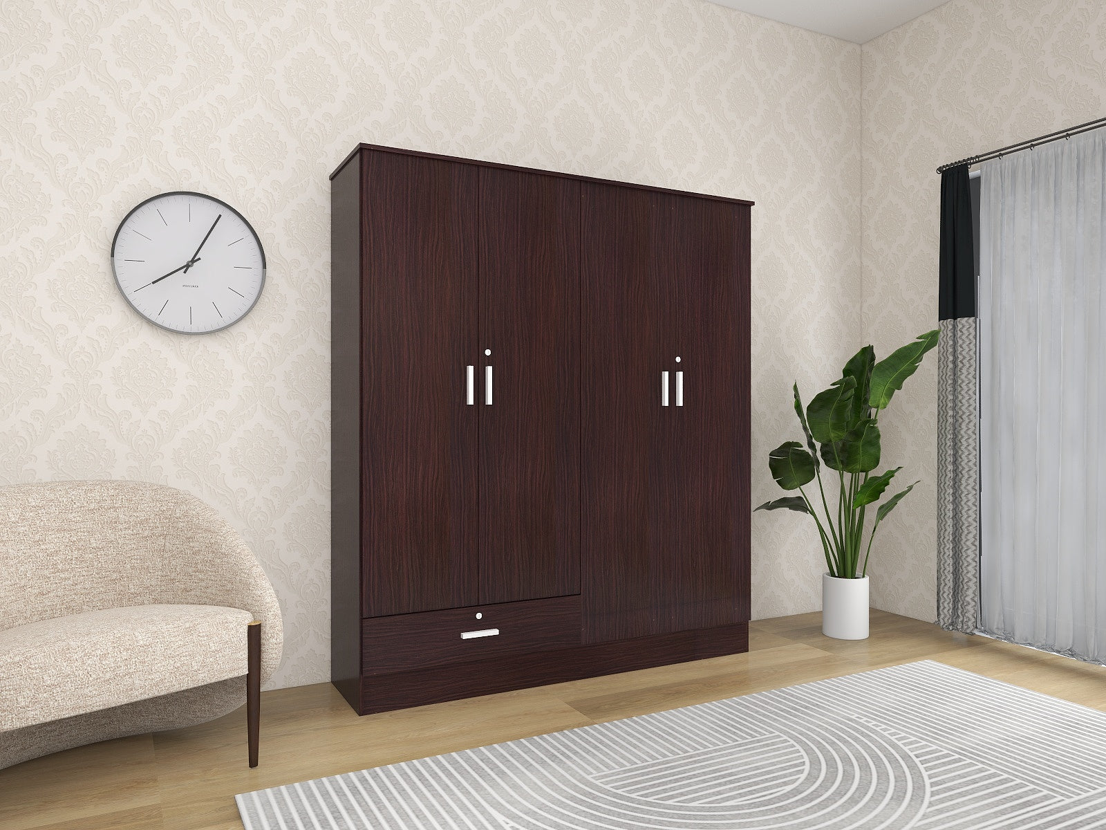 Housen 4-Door Wardrobe with Shelves (Engineered Wood)
