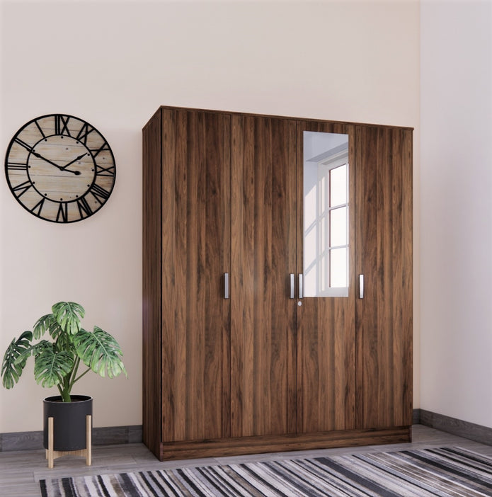 Julian 4-door engineered wood wardrobe with mirror – Walnut finish