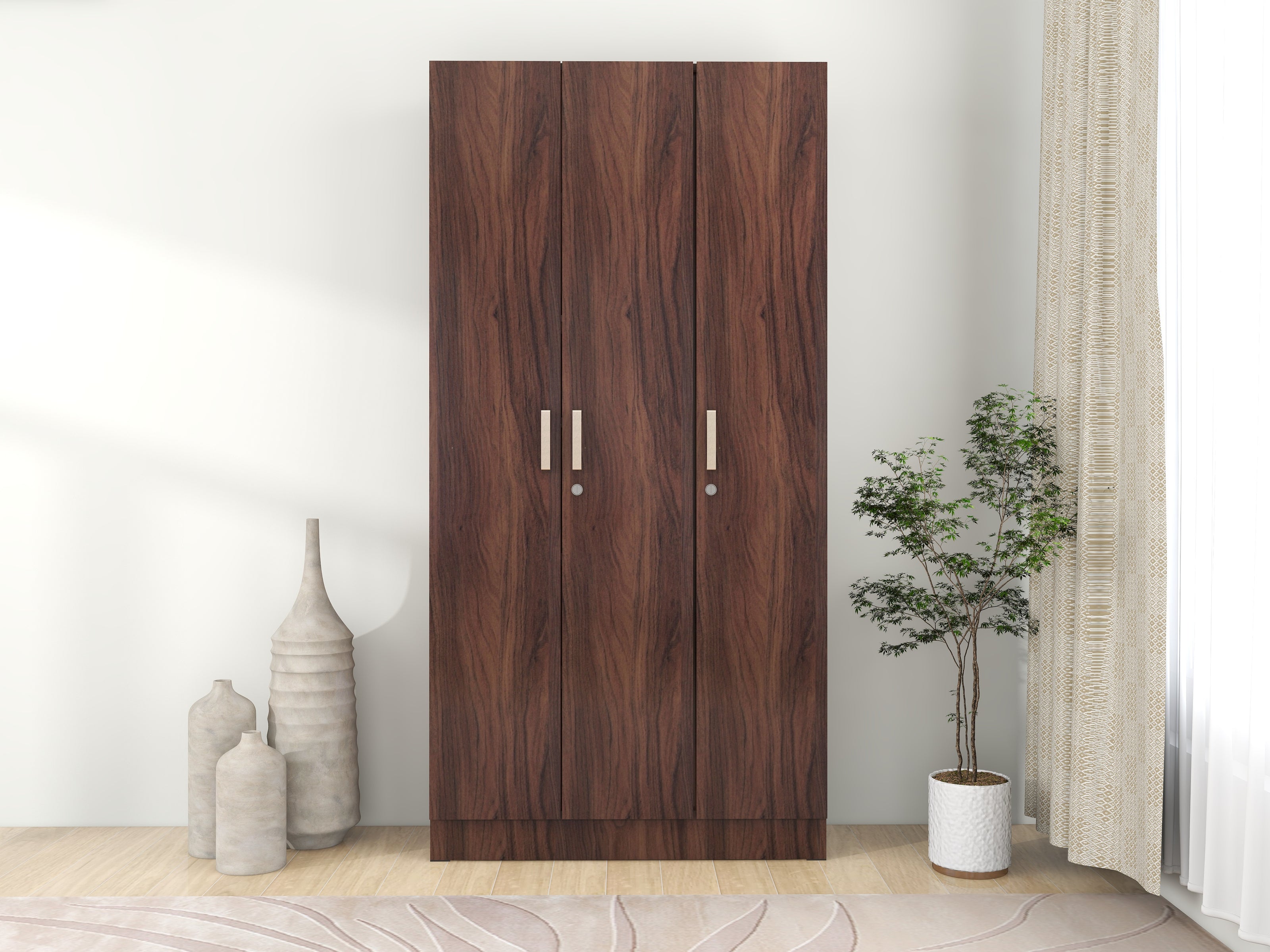 خزانة ملابس كينزو الخشبية الهندسية بثلاثة أبواب - غرفة نوم عصرية مع أرفف