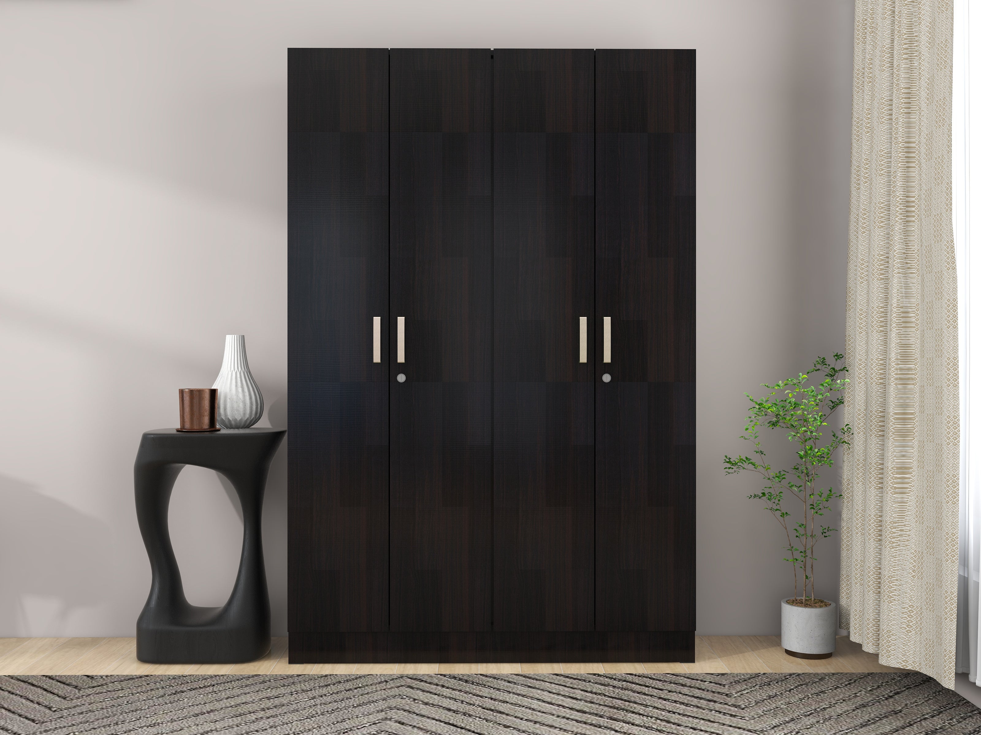 Kenzou 4-Door Engineered Wood Wardrobe – Large Almirah with Hanging Rod & Shelves