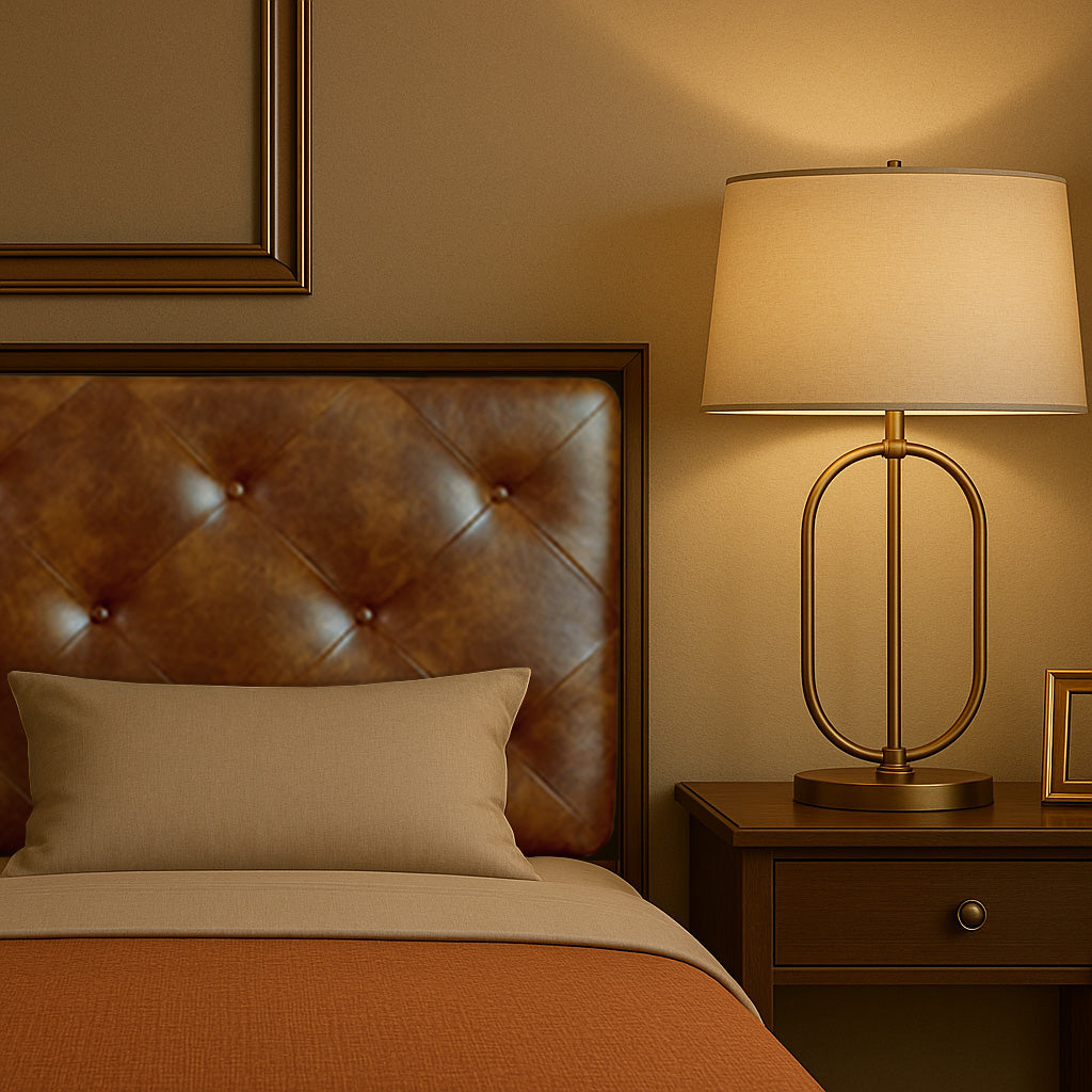 Elegant king bed with tufted leather headboard, warm bedside lamp, and cozy pillows in a stylish bedroom setting.