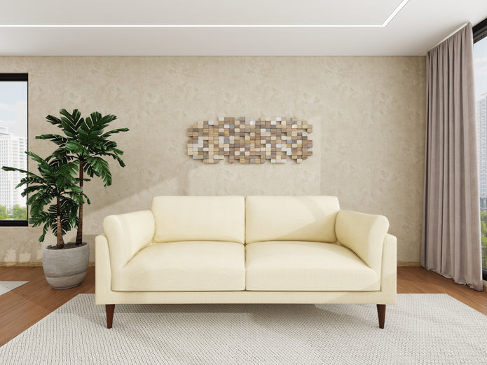 Luna beige 3-seater fabric sofa with tufted back and seat and dark tapered legs.