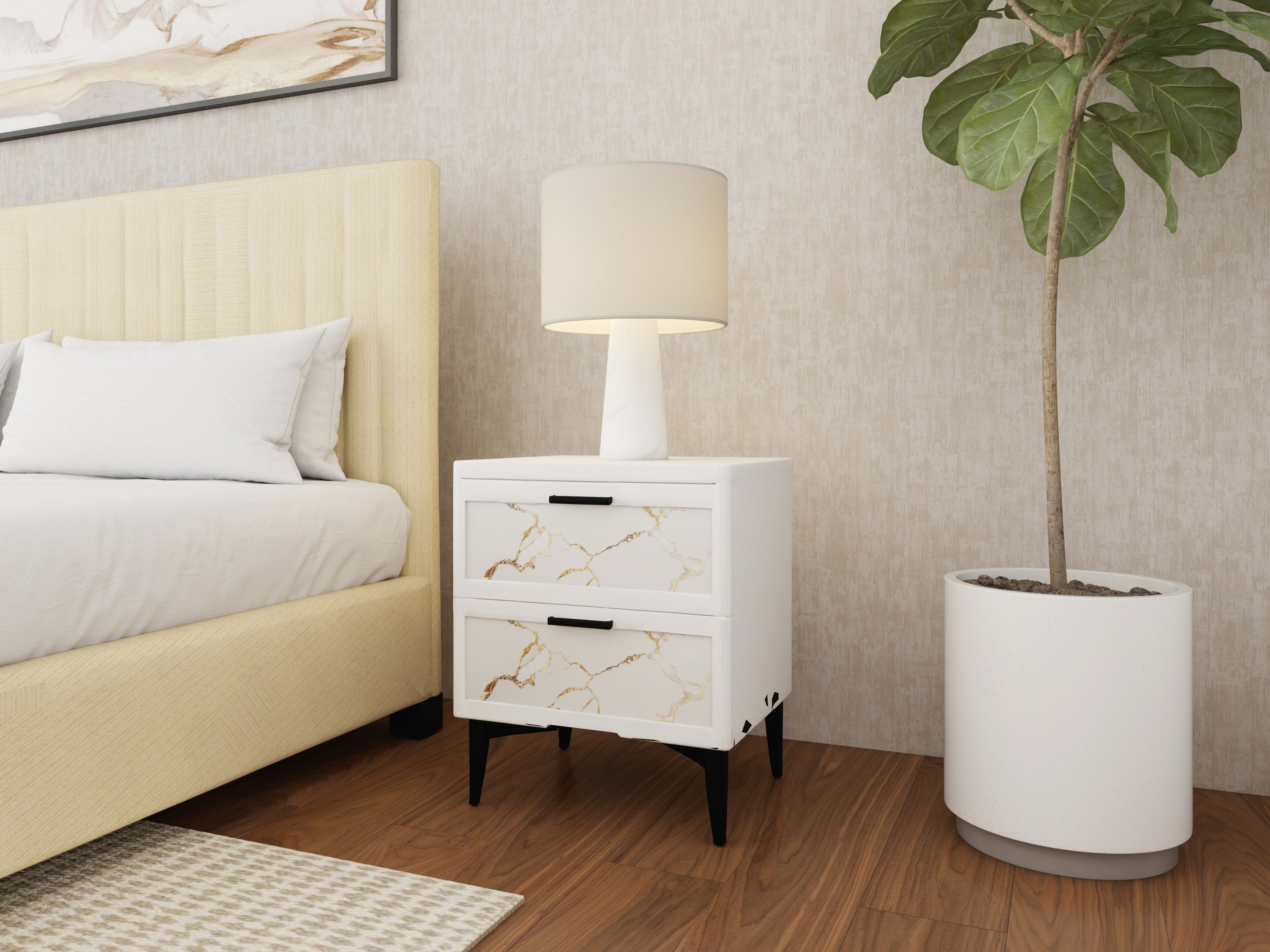 طاولة جانبية من الأردواز (أبيض) - طاولة جانبية ذات درجين