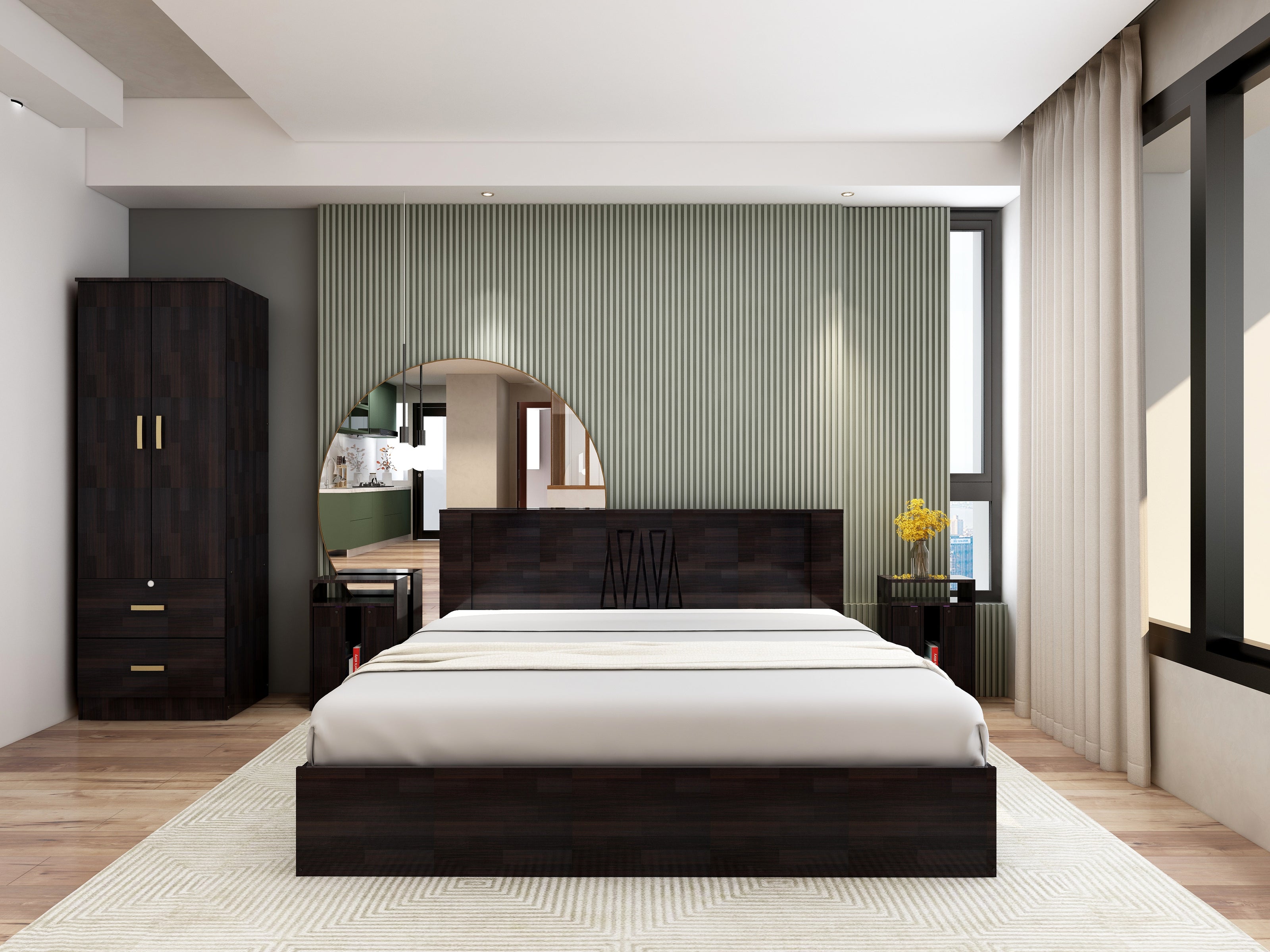 Ren king bed with 2-door wardrobe and side table set