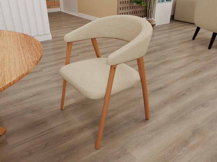 Sable Curve dining chair in beige upholstery with curved wraparound back and natural wood frame.