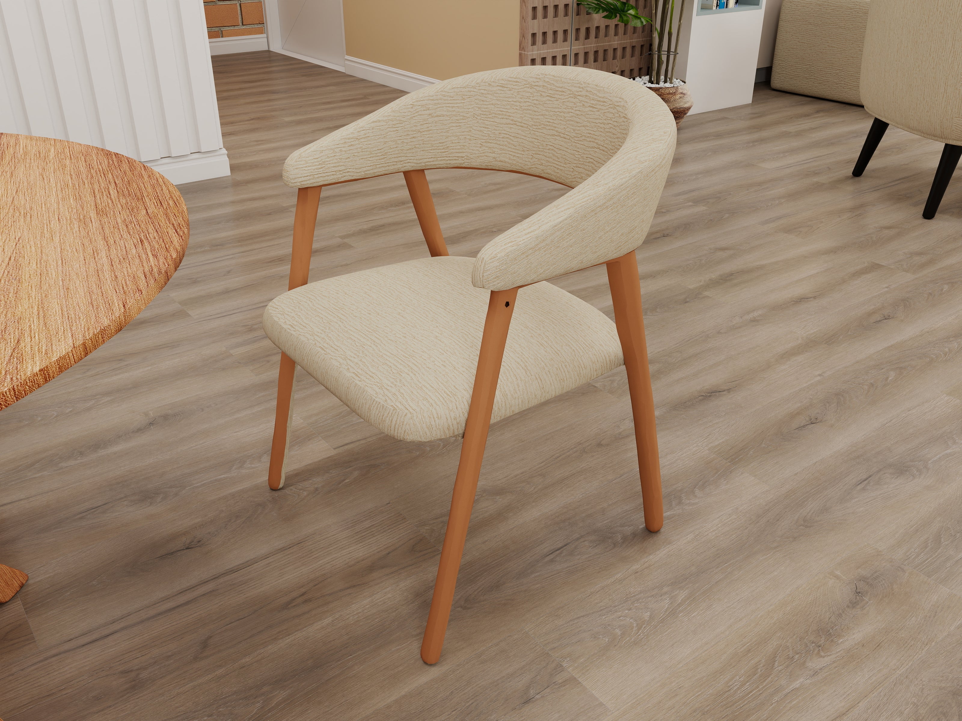 Sable Curve dining chair in beige upholstery with curved wraparound back and natural wood frame.