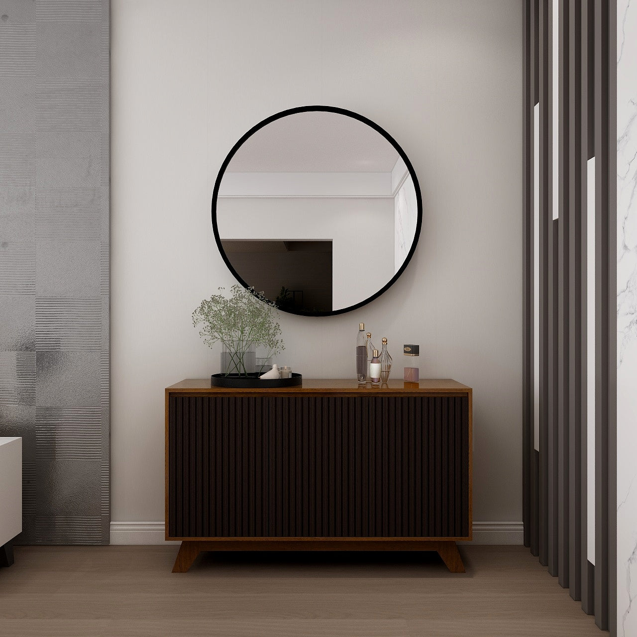 خزانة جانبية ستراتا بلون الجوز والأسود - خزانة تخزين عصرية من الخشب الصلب