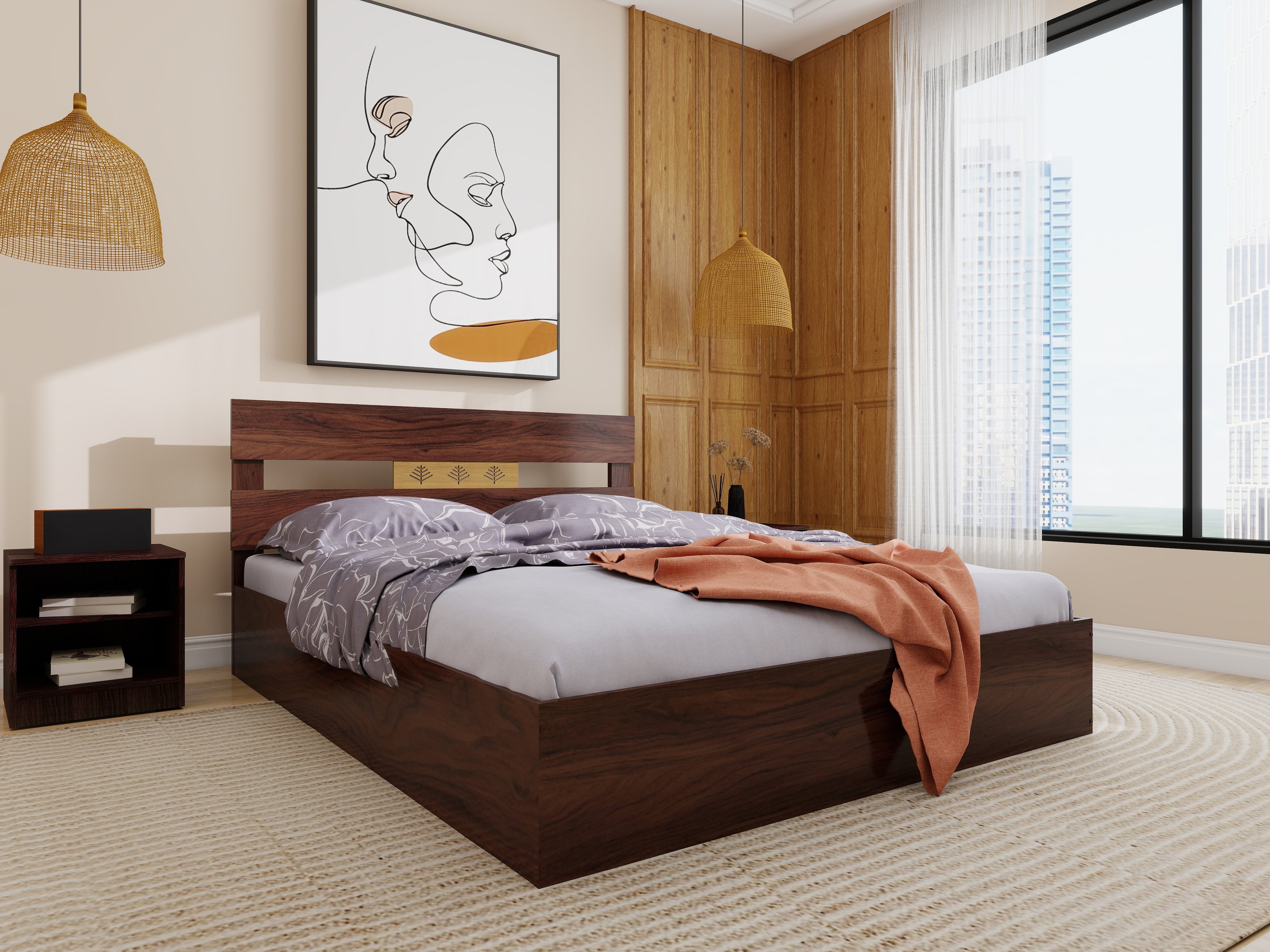 طقم غرفة نوم جوليان إليجانس - سرير كوين، مرآة بأربعة أبواب، خزانة ملابس، وطاولة بجانب السرير 