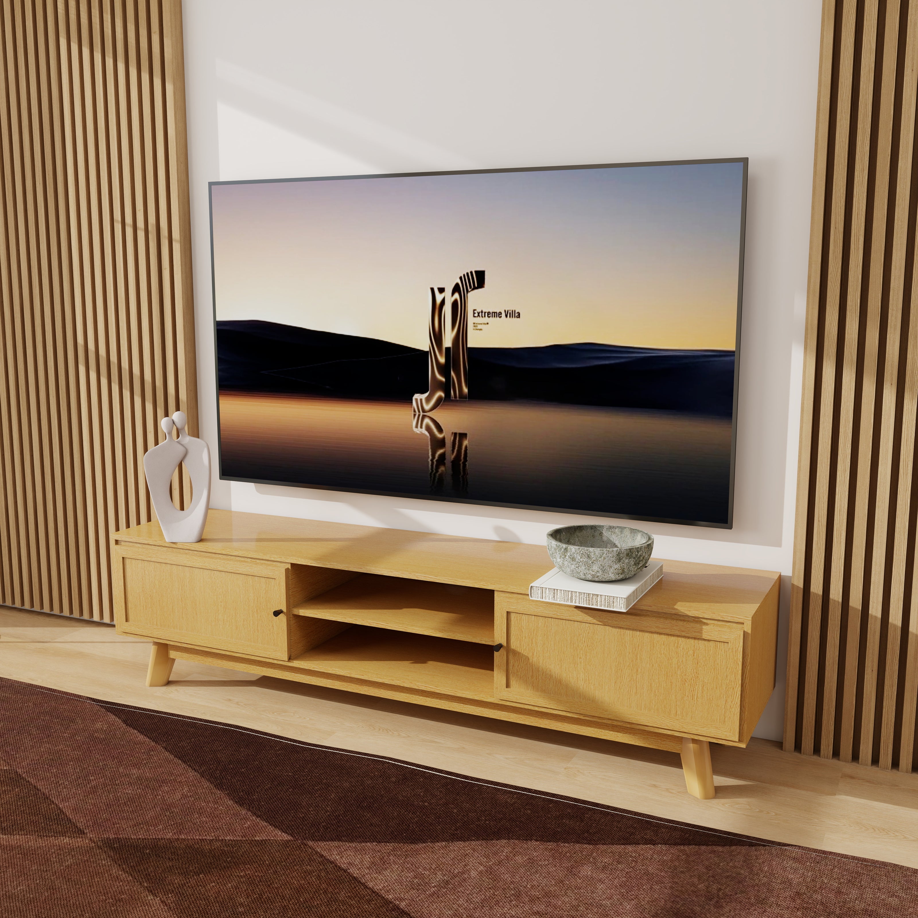 Amara AV Unit (Honey Ash) styled with TV in modern living room