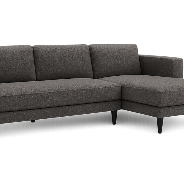 Axis modern grey 3-seater sofa angled view with solid wood legs