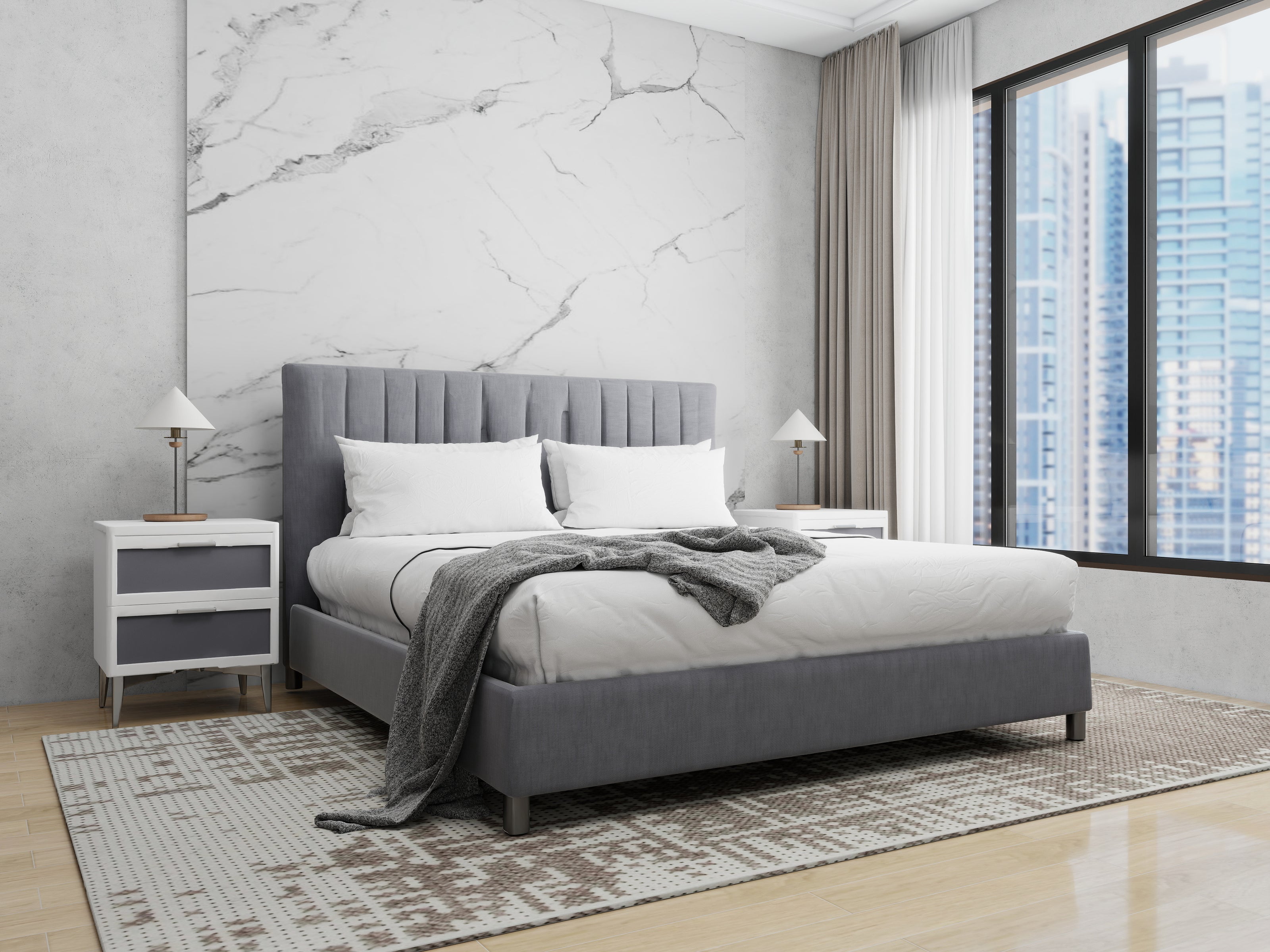 Bastion upholstered bed in grey, King size, padded headboard and slatted base