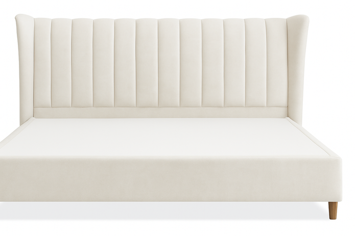Serra Bed in Off White - Upholstered Wingback Headboard with Wooden Legs