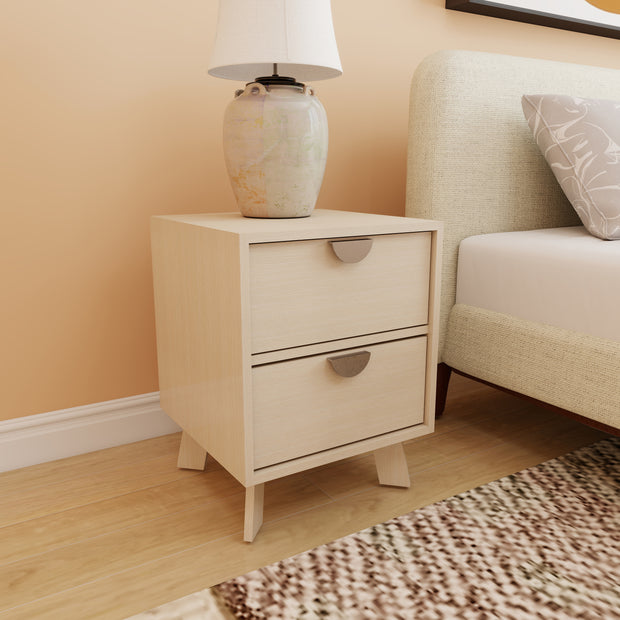 Crafted Poise bedroom package — off-white upholstered bed with nightstands and neutral rug