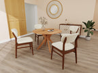 Crafted Poise dining package — round walnut dining table with cream upholstered chairs