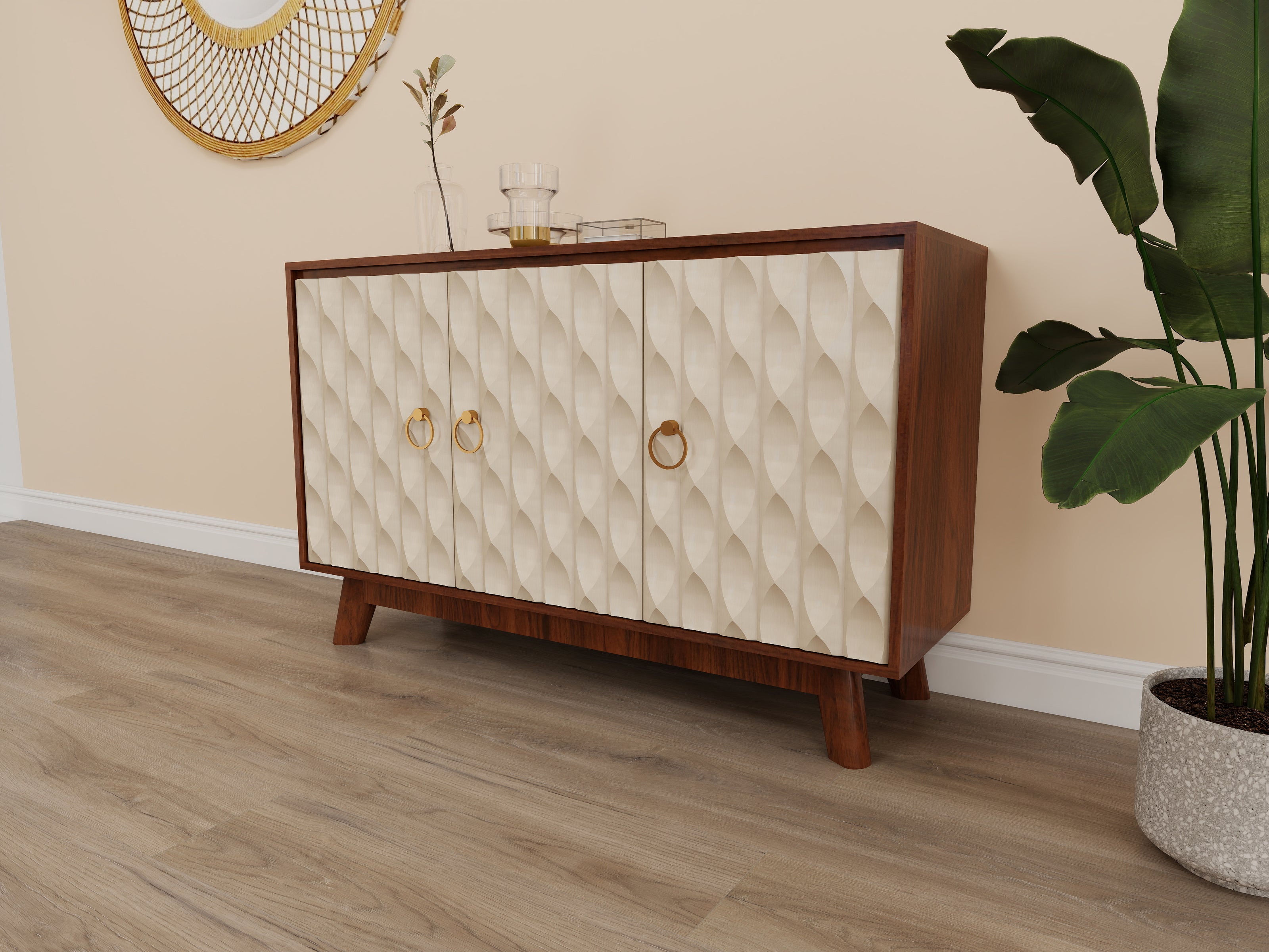 Echo cream solid wood sideboard with textured doors and brass ring pulls