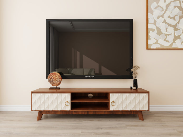 Echo solidwood AV unit in cream and walnut, front view with textured doors