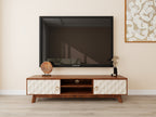 Echo solidwood AV unit in cream and walnut, front view with textured doors
