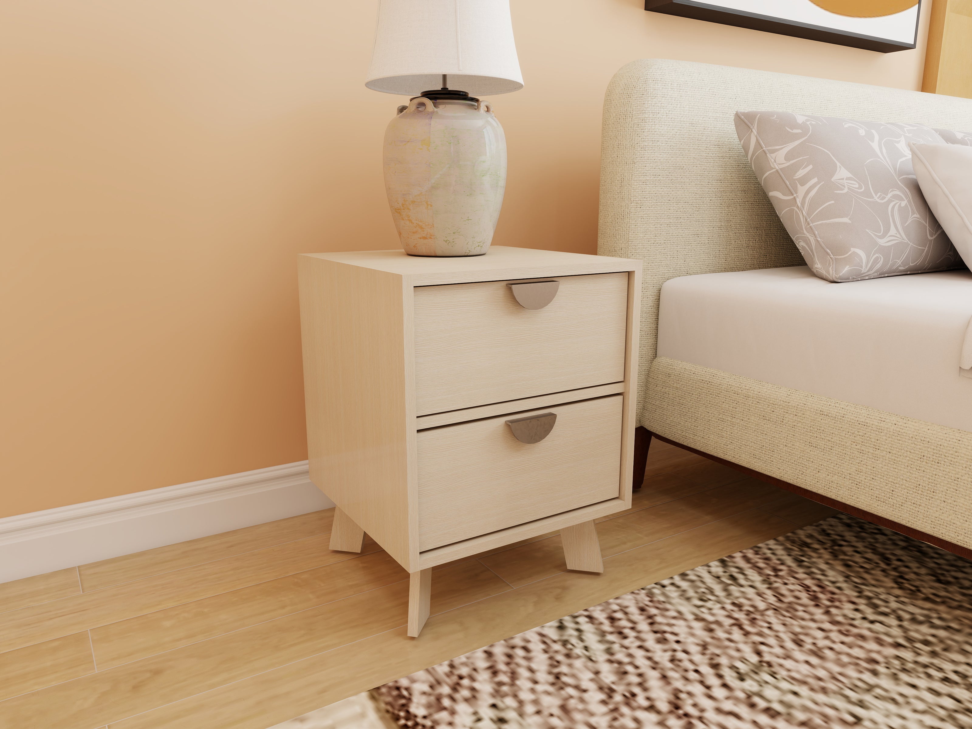 Emberoak beige nightstand with two drawers and wooden legs