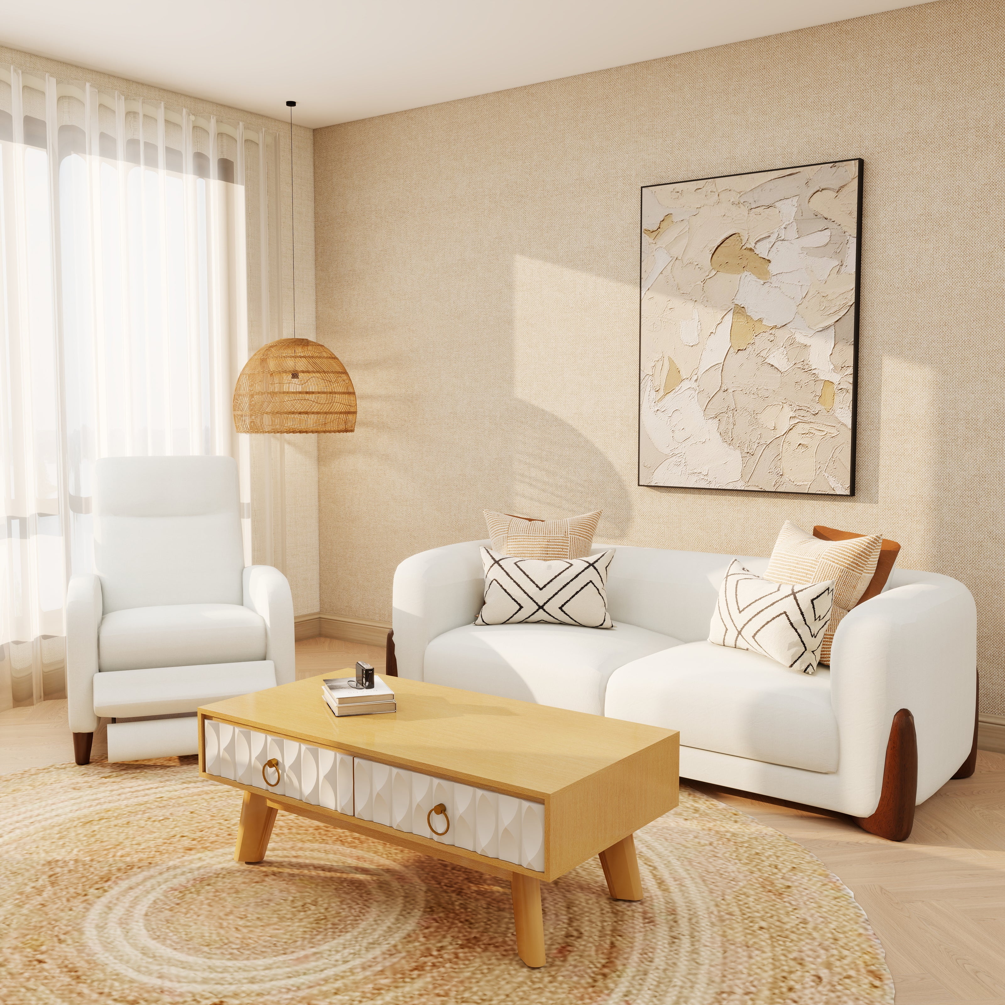 King bed and bedside table from Golden Nest combo (cream & walnut)