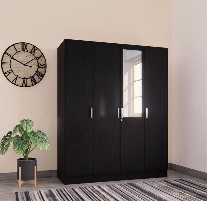 Julian 4-door engineered wood wardrobe with mirror – Walnut finish