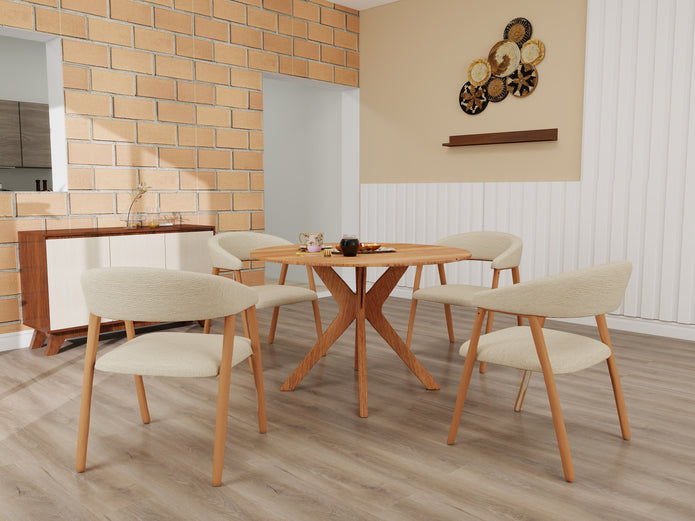 Muse Form dining package — round walnut dining table with cream upholstered chairs and sideboard