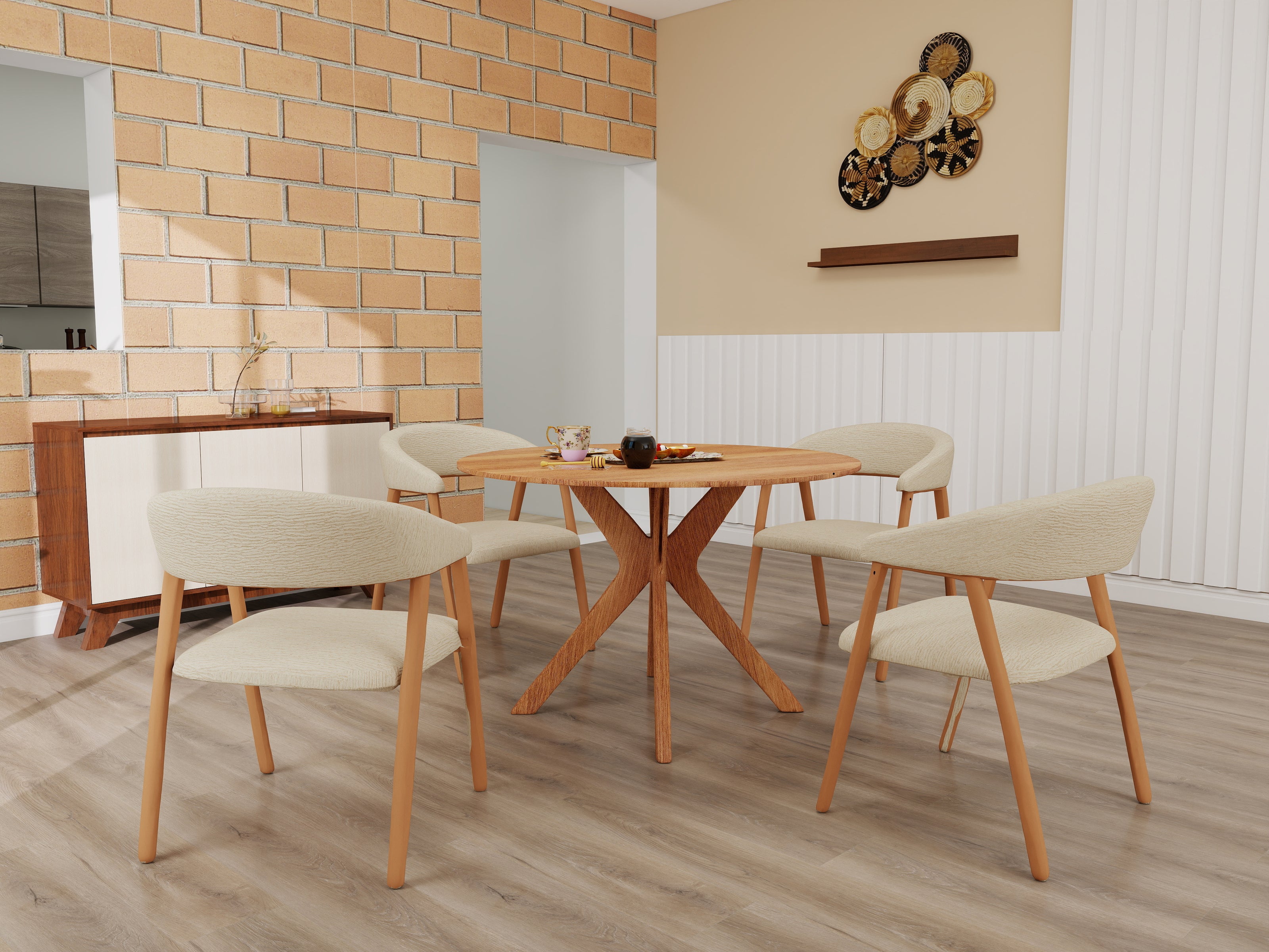 Muse Form dining package — round walnut dining table with cream upholstered chairs and sideboard