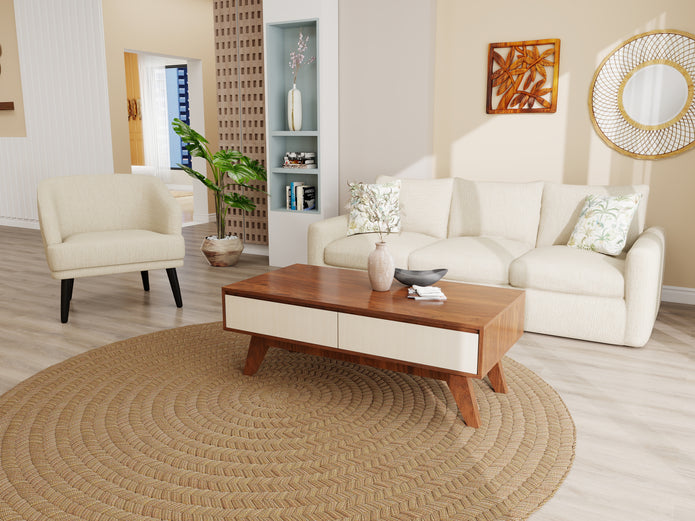 Muse Form living package — cream sofa, lounge chair, walnut coffee table and sideboard