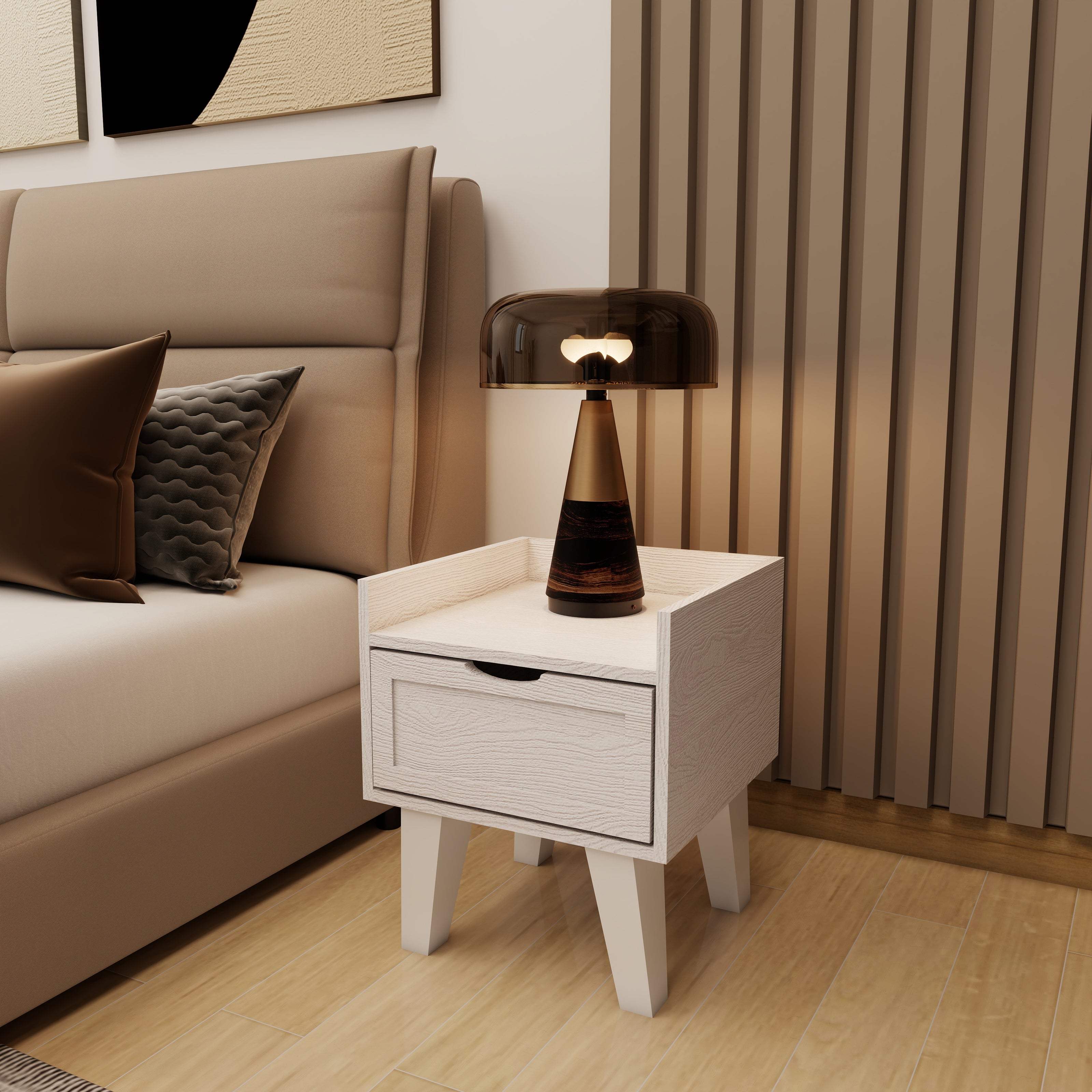 Stillo 1-drawer nightstand (off-white) styled in bedroom