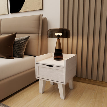 Stillo 1-drawer nightstand (off-white) styled in bedroom