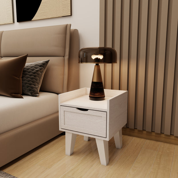 Stillo 1-drawer nightstand (off-white) styled in bedroom