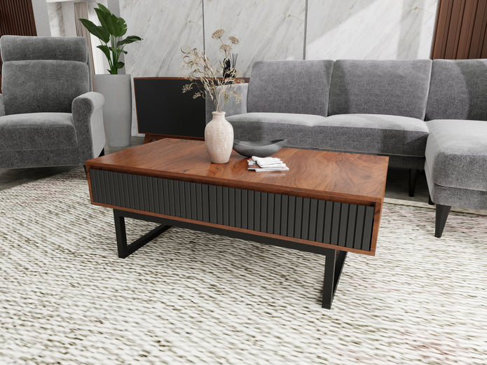 Strata coffee table in walnut and black solid wood — front view