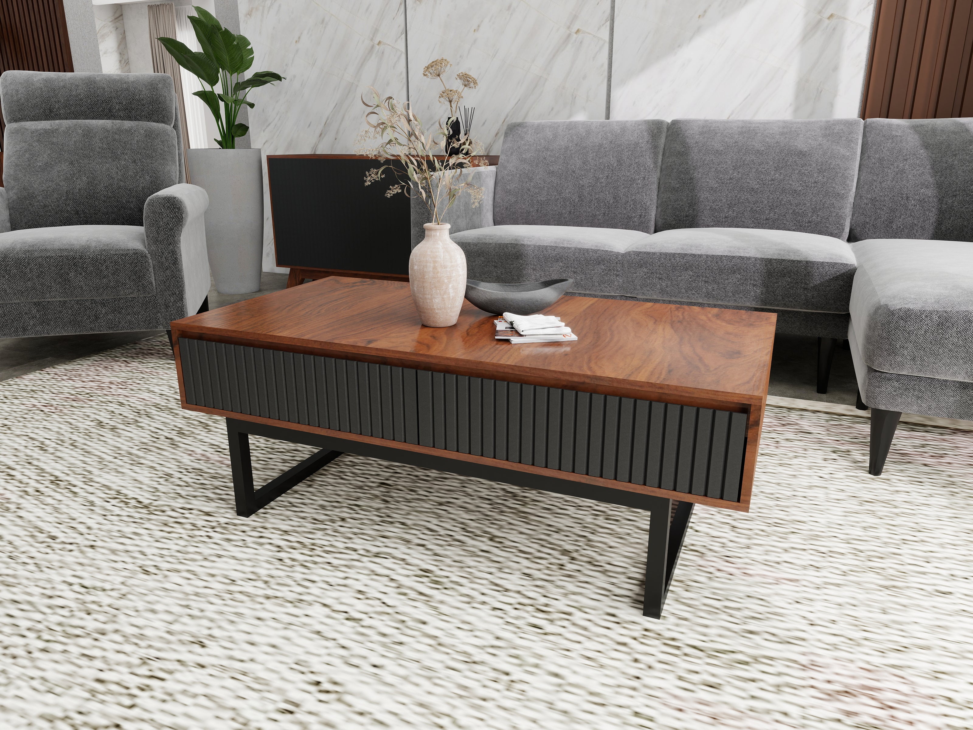 Strata coffee table in walnut and black solid wood — front view