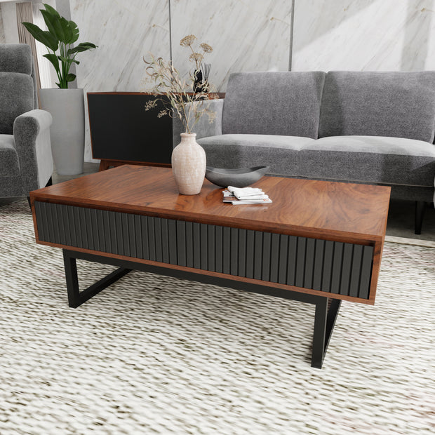 Strata coffee table in walnut and black solid wood — front view