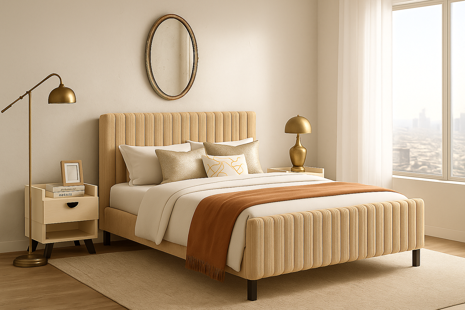 King size Terra bed (Honey Ash) styled in bedroom