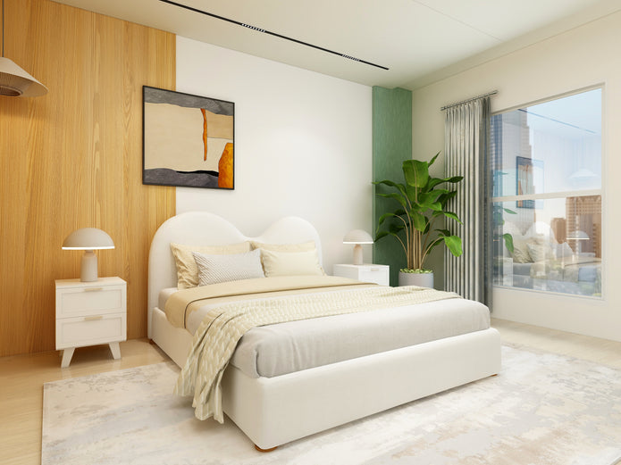 Whispering Cloud 9-piece home furniture combo — cream upholstery with walnut finish (hero shot)